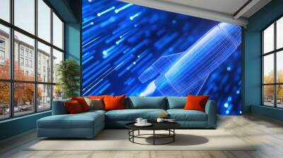 Futuristic rocket soaring through digital blue space backdrop, showcasing innovation and technology Wall mural