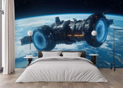 Futuristic space station orbiting Earth with advanced technology and glowing blue lights Wall mural