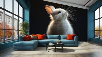 Majestic White Rabbit With Luminous Whiskers Against Black Background Wall mural