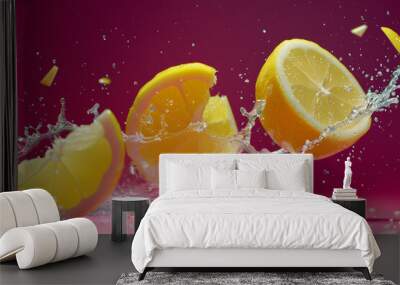 Quartered Yellow Lemon in Mid Air with Splashes on Pink Background Wall mural