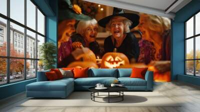 Seniors enjoying a Halloween celebration with pumpkin carvings and witch hats Wall mural