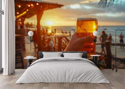 Tropical Beach Bar Sunset with Refreshing Beer in Hand Wall mural