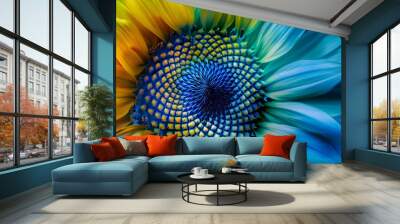 Vibrant Close Up of Multicolored Sunflower with Blue and Yellow Petals in Fibonacci Pattern Wall mural