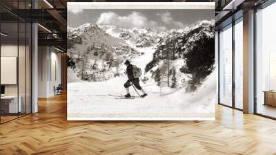 Black and white photos, Skier with vintage skis Wall mural