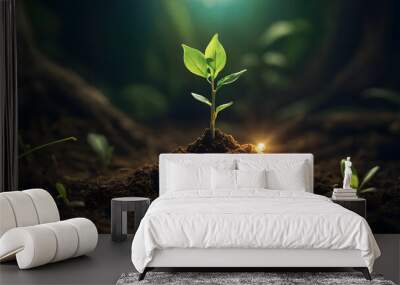 Watching small plant grow signifies the beginning of development, blending business with environmental savings for a green future. Wall mural