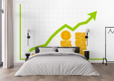 Bitcoin growth concept. Stacks of gold coins and income graph with bitcoin.Bitcoin revenue. Gold Bitcoin BTC is climbing to the next peak. Cryptocurrency has new high record all time high. BTC coin Wall mural