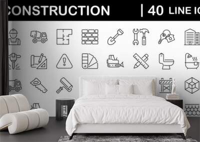 Construction set of web icons in line style. Building and construction icons for web and mobile app. Home repair, crane, building, tools, land, excavator, contractor, builders. Vector illustration Wall mural