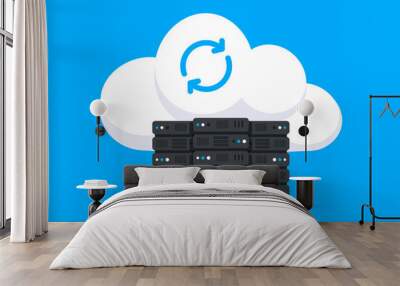 Data Hosting Servers connected to Cloud. Cloud Data storage. Data storage network technology. Online cloud computing. Server cabinets. Memory and information transfer. Security and protection Wall mural