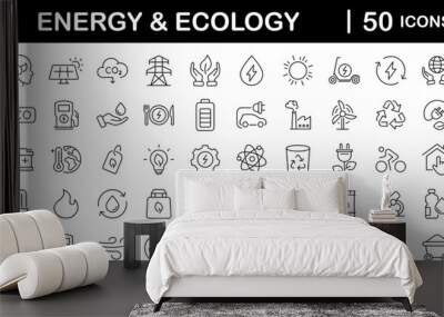 Green energy set of web icons in line style. Ecology icons for web and mobile app. Solar panel, recycle, eco, green electricity, nature, bio, power, water, power and more. Editable stroke Wall mural