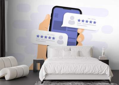 Hand holding phone with review rating. User reviews with good and bad rate on smartphone screen. Customer feedback review experience rating. Clients choosing satisfaction rating and leaving reviews Wall mural