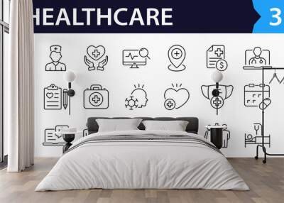 Healthcare set of web icons in line style. Medicine and Health Care linear icon collection. Containing emergency, doctor, treatment, medical, report, diagnosis, health, prevention. Editable stroke Wall mural