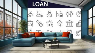 Loan set of web icons in line style. Loan and Credit linear icon collection. Containing loan, money, credit rating, business, leasing, interest, calculator, income, banking and more. Editable stroke Wall mural