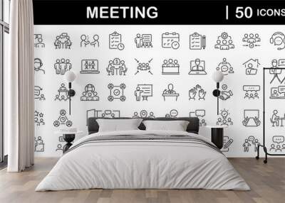 Meeting set of web icons in line style. Live webinar icons for web and mobile app. Containing conference, business meeting, classroom, team, interview, conference, work, discussion and more Wall mural