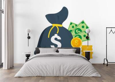 Money bag on which dollar sign. Dollars banknotes. Cash money, a bunch of coins.Money bag, a pile of money, packs of dollars Wall mural