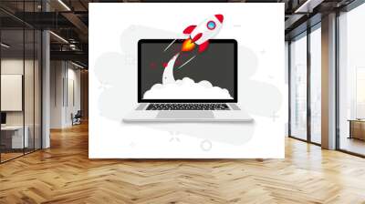 Rocket launch from laptop screen. Rocket taking off. Business Start up, Launching new product or service. Successful start-up launch new business project. Creative or innovative idea. Rocket launch Wall mural