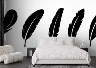 Set of Bird Feather. Feathers vector set in a flat style. Pen icon. Black quill feather silhouette. Plumelet collection isolated on white background Wall mural