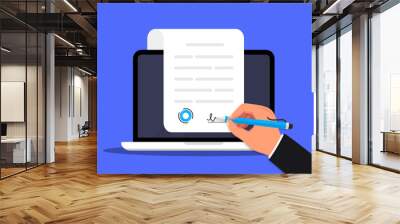 Signing an online document in the computer. Electronic signature concept. Digital signature, electronic contract, e-signature. Vector illustration in flat design for business, web banner, mobile app Wall mural