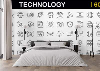 Technology set of web icons in line style. Information technology signs for web and mobile app. IT network system, 5g, communication, computer, chip, web design, software, data center, device, ai. Wall mural