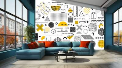 Universal trend geometric shapes. Collection of 100 geometric shapes. Memphis design elements for Magazine, leaflet, billboard, sale, web, advertisement, poster. Outline hatching forms or dots Wall mural