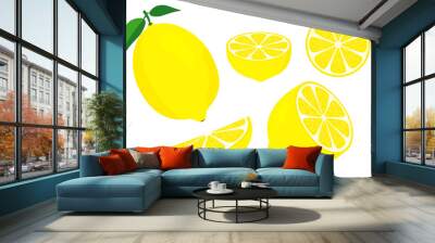 Vector lemons. Fresh lemon fruits. Half and slice lemon with green leaf. Sliced lemon. Vitamin C. Slice of lemon Wall mural