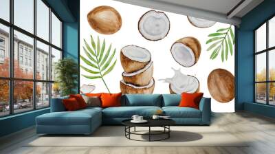 Watercolor tropical coconut fruits, fresh ripe coconut and palm leaves, coconut milk, hand painted on paper, white background, for design, backgrounds Wall mural