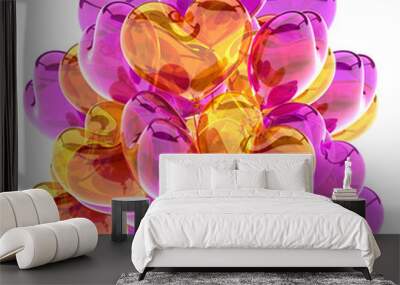 colorful heart shaped party balloons purple yellow translucent. birthday decoration romantic glossy. holiday, celebration love greeting card. 3d illustration Wall mural