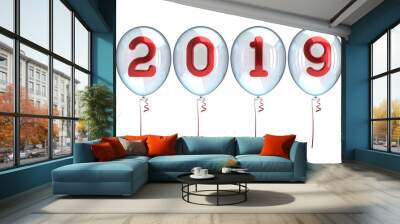 New Year 2019 balloons white translucent glossy red numbers calendar date. Merry Christmas celebrate wintertime decoration. 3d illustration Wall mural