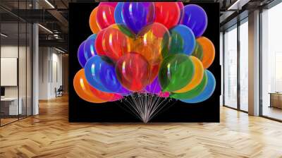 party balloons shiny. multicolored birthday colorful decoration. helium balloon bunch glossy different colors. holiday, anniversary celebration greeting card. 3d rendering, isolated on black Wall mural