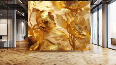 4K golden floral background, abstract vintage flower design, mural art, gold nature, 3D illustration, 3D render, Generative AI Wall mural