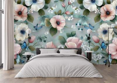 luxury wallpaper mural rose pink anemone flowers green vintage leaves white gypsophila blue butterflies seamless background tropical texture 3d hand painted illustration digital art, Generative AI Wall mural