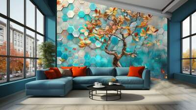 Majestic tree in a 3D mural on wooden oak with white lattice tiles, turquoise, blue, brown leaves, tranquil setting, colorful hexagons, floral, Generative AI Wall mural