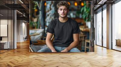 Young man wearing bella canvas black t shirt and jeans, at a cozy restaurant on summers day. Design tshirt template, print presentation mockup, Generative AI Wall mural