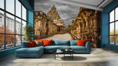 Beautiful Pallava architecture and exclusive sculptures at The Kanchipuram Kailasanathar temple, Oldest Hindu temple in Kanchipuram, Tamil Nadu - One of the best archeological sites in South India Wall mural