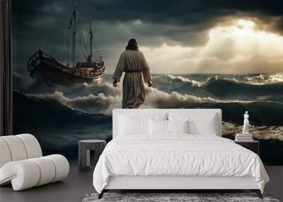 Realistic picture of Jesus walking on water in storm, created with Generative AI technology Wall mural