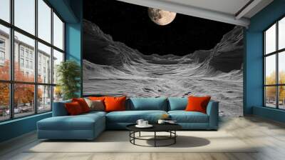 A serene lunar landscape illuminated by a bright full moon, showcasing rugged terrain under a starry sky. Wall mural