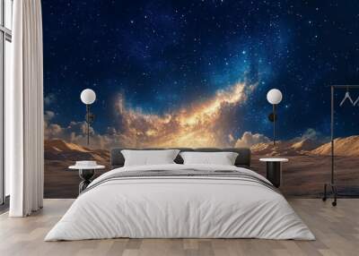 A stunning cosmic landscape featuring a vibrant galaxy shining over a desert horizon, evoking a sense of wonder and exploration. Wall mural