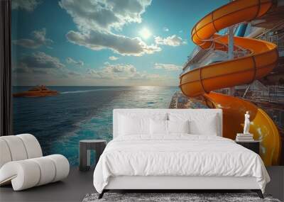 A vibrant cruise ship slide overlooking the ocean, inviting adventure and fun against a stunning sky and sea backdrop. Wall mural