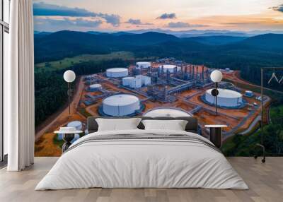 Aerial view of a futuristic refinery complex surrounded by clean landscapes Wall mural