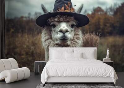 Alpaca wearing a witch s hat and carrying a broom in a Halloween field, witch alpaca, festive farm animal Wall mural