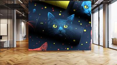 Colorful cat illustrations on dark background, showcasing unique designs perfect for art projects or home decor. Wall mural