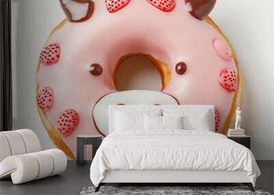 Donut with a cow face, strawberry milk flavor, kidfriendly, isolated on white, rural and fun Wall mural