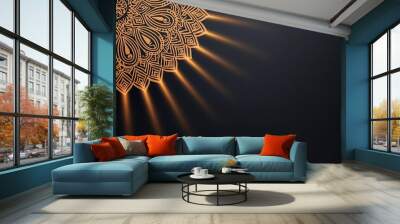 Golden Diwali mandala with intricate patterns and radiant light beams shining outward on a dark background, mandala design, spiritual elegance Wall mural