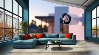 Outdoor security camera mounted on a modern house exterior, capturing a peaceful neighborhood at sunset. Perfect for home safety and surveillance. Wall mural