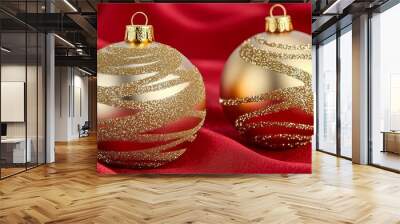 Traditional Christmas ornaments with gold accents, flat lay on bright red fabric, holiday glamour, Christmas decor, festive opulence Wall mural