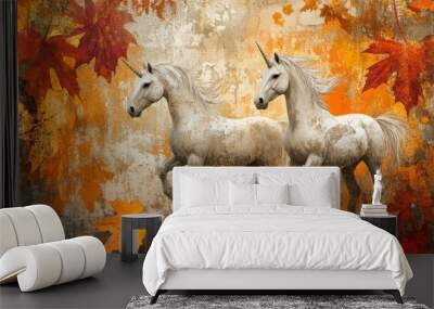 Two enchanting unicorns gallop through a vibrant autumn landscape filled with colorful leaves and a magical atmosphere. Wall mural