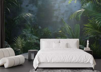 3D render of an abstract background with a round stone podium in a tropical jungle forest landscape, Wall mural