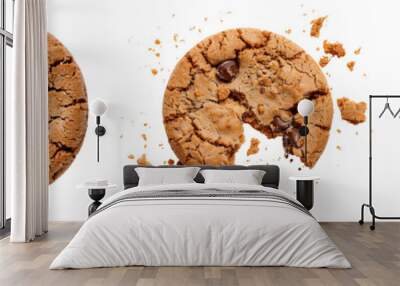 Close up of an half eaten cookie with crumb against a white background Wall mural