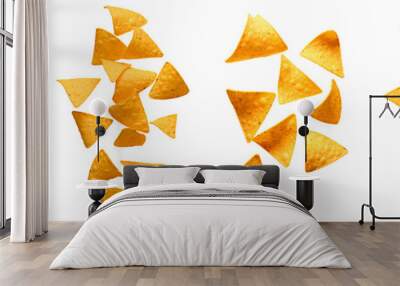 Flying delicious Mexican nachos chips on white background Wall mural