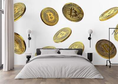 Golden coin with bitcoin symbol isolated on white background, Shiny golden physical cryptocurrencies Bitcoin symbol png file Wall mural