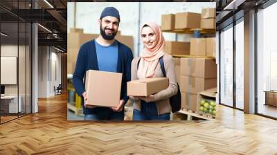 Charity, donation and volunteering concept. Happy smiling muslim volunteers with boxes Preparing Free Food Delivery. Generative AI Wall mural